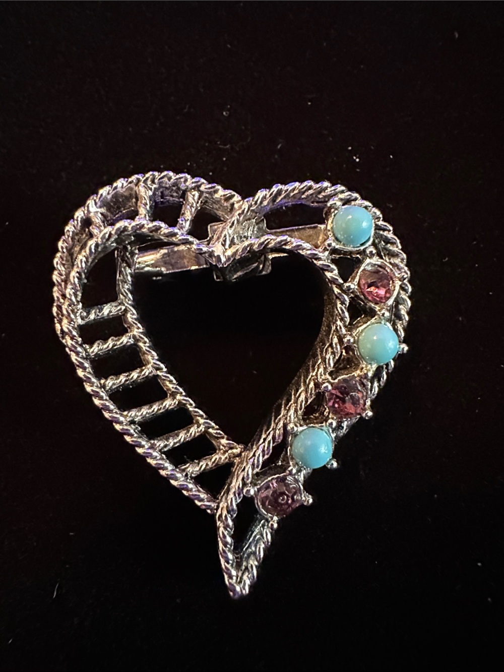 Vintage GERRY'S Silver Tone Faux Turquoise & Purple Rhinestone Heart Brooch